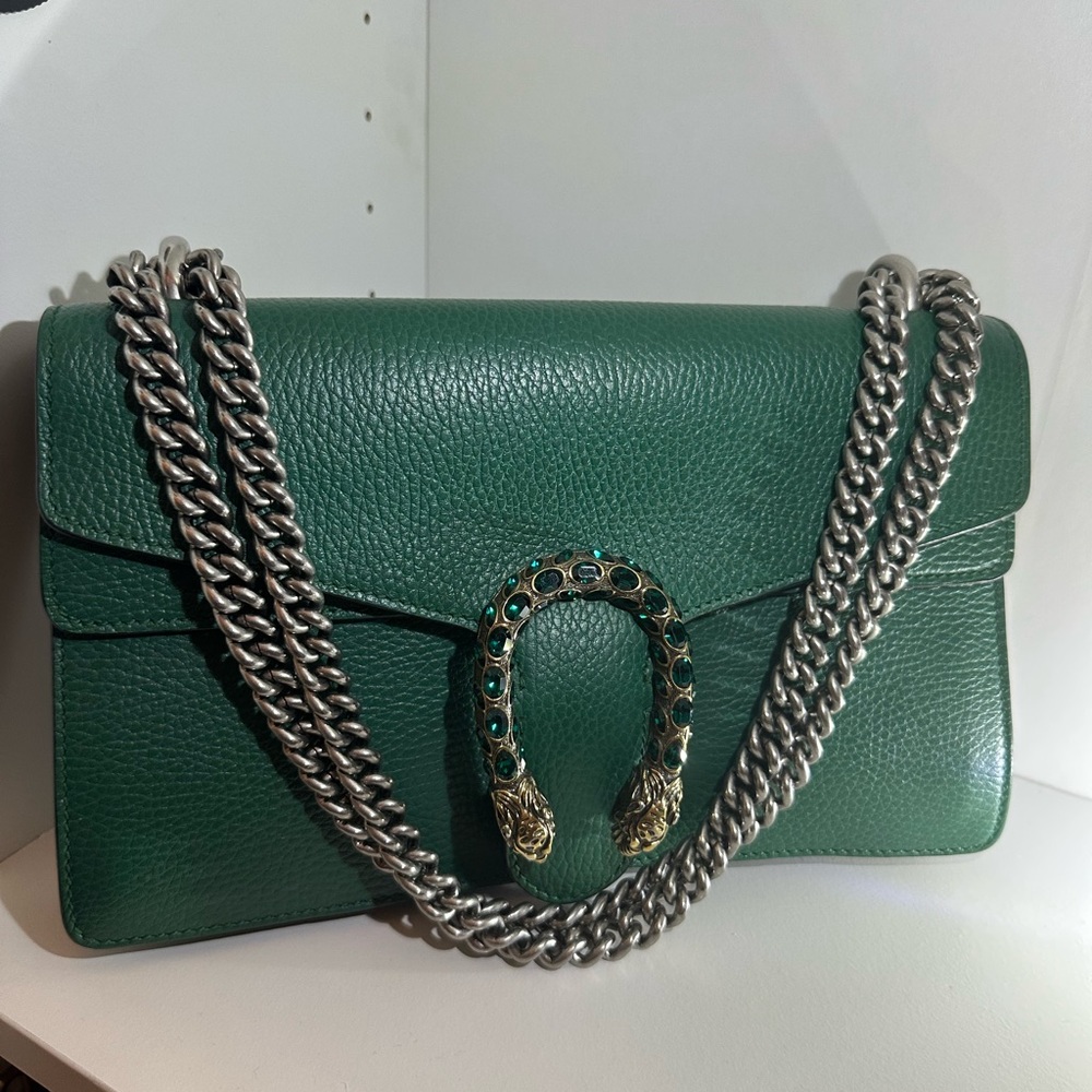Gucci Green Leather Shoulder Bag with Silver Chain